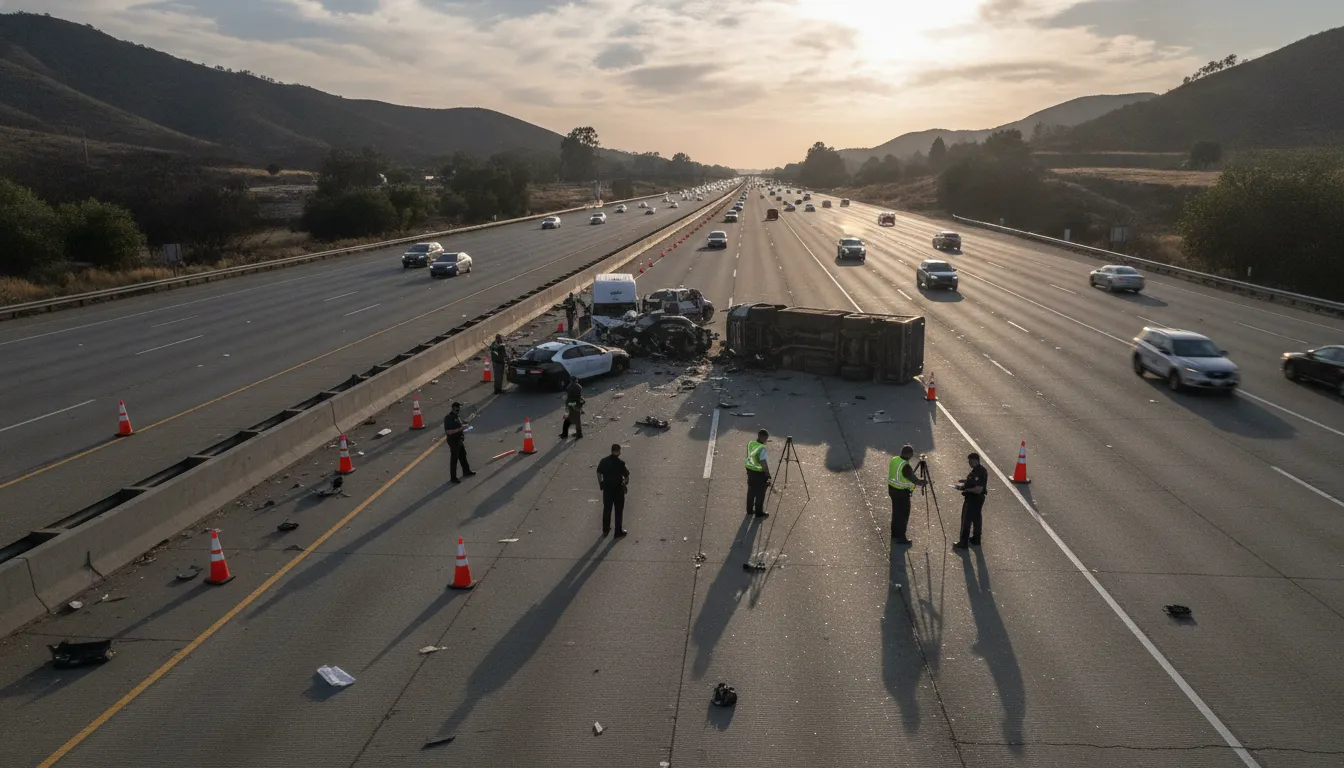 California investigators documenting evidence after a serious highway collision