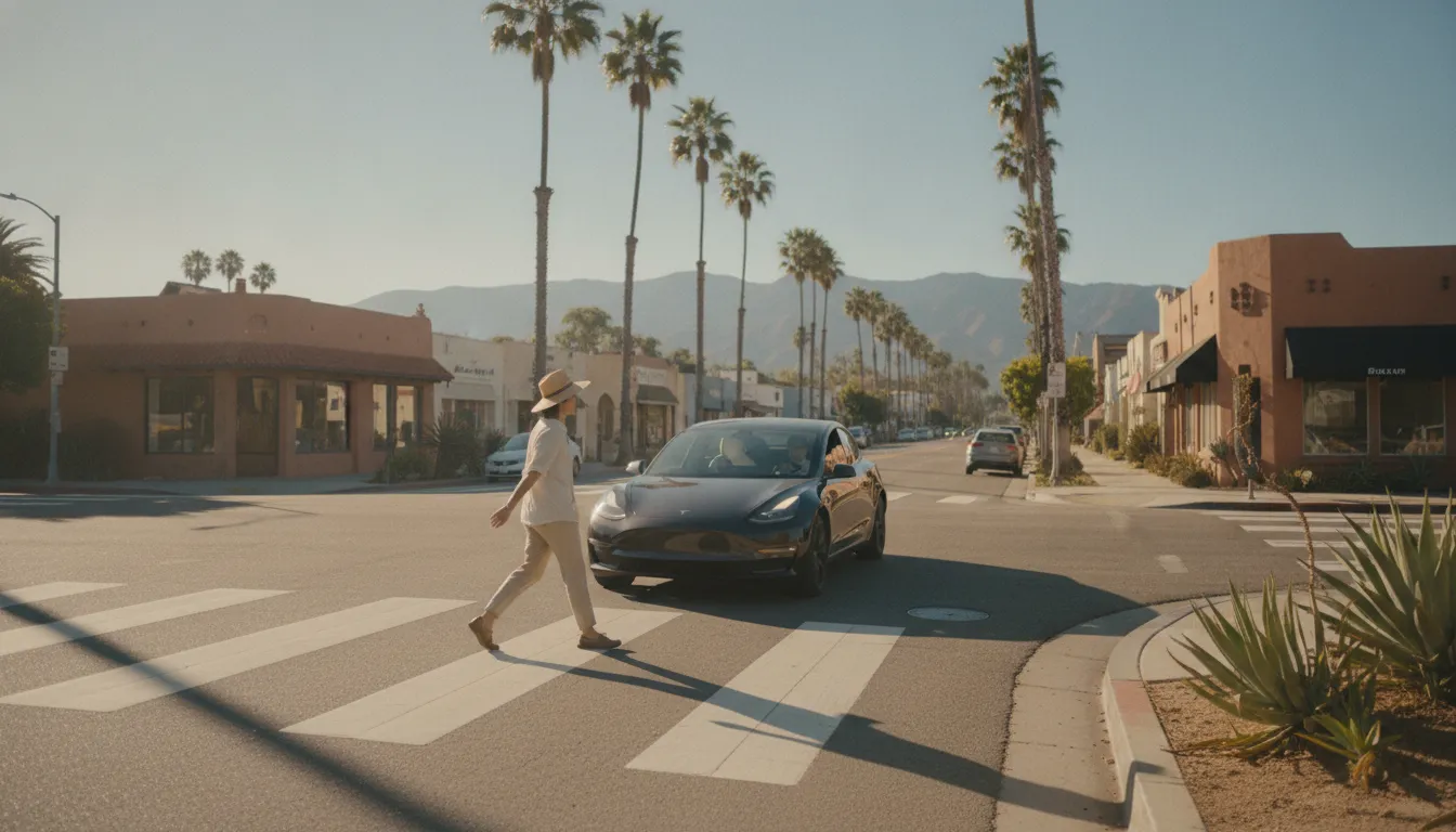 Person crossing a crosswalk at a California intersection with a car yielding