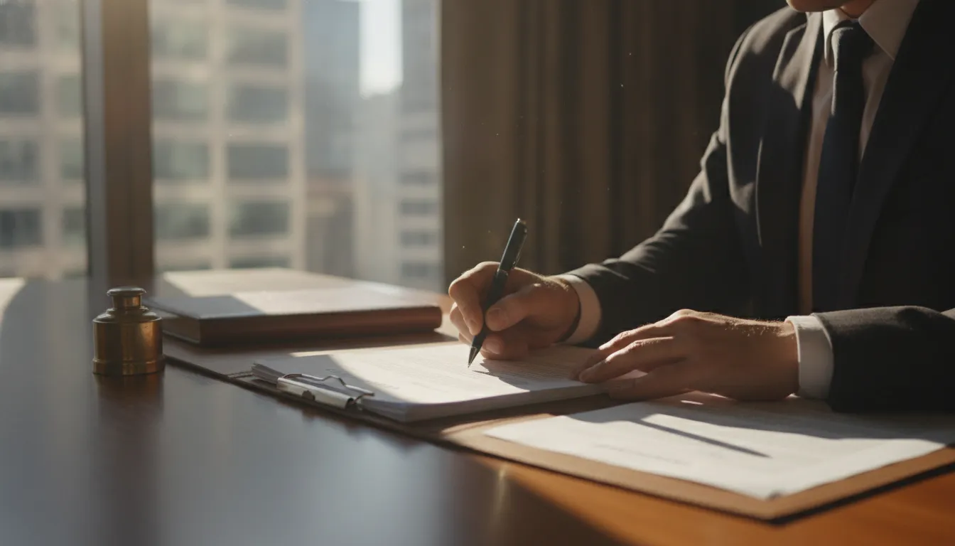 Person signing legal documents with a lawyer at a desk in a California law office