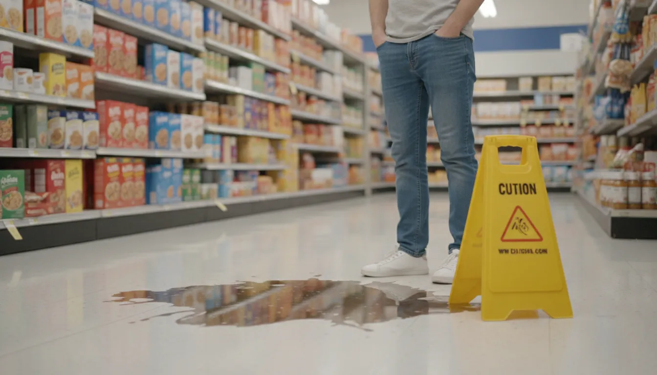 Wet floor spill in a grocery store aisle with a yellow caution cone warning shoppers of the hazard