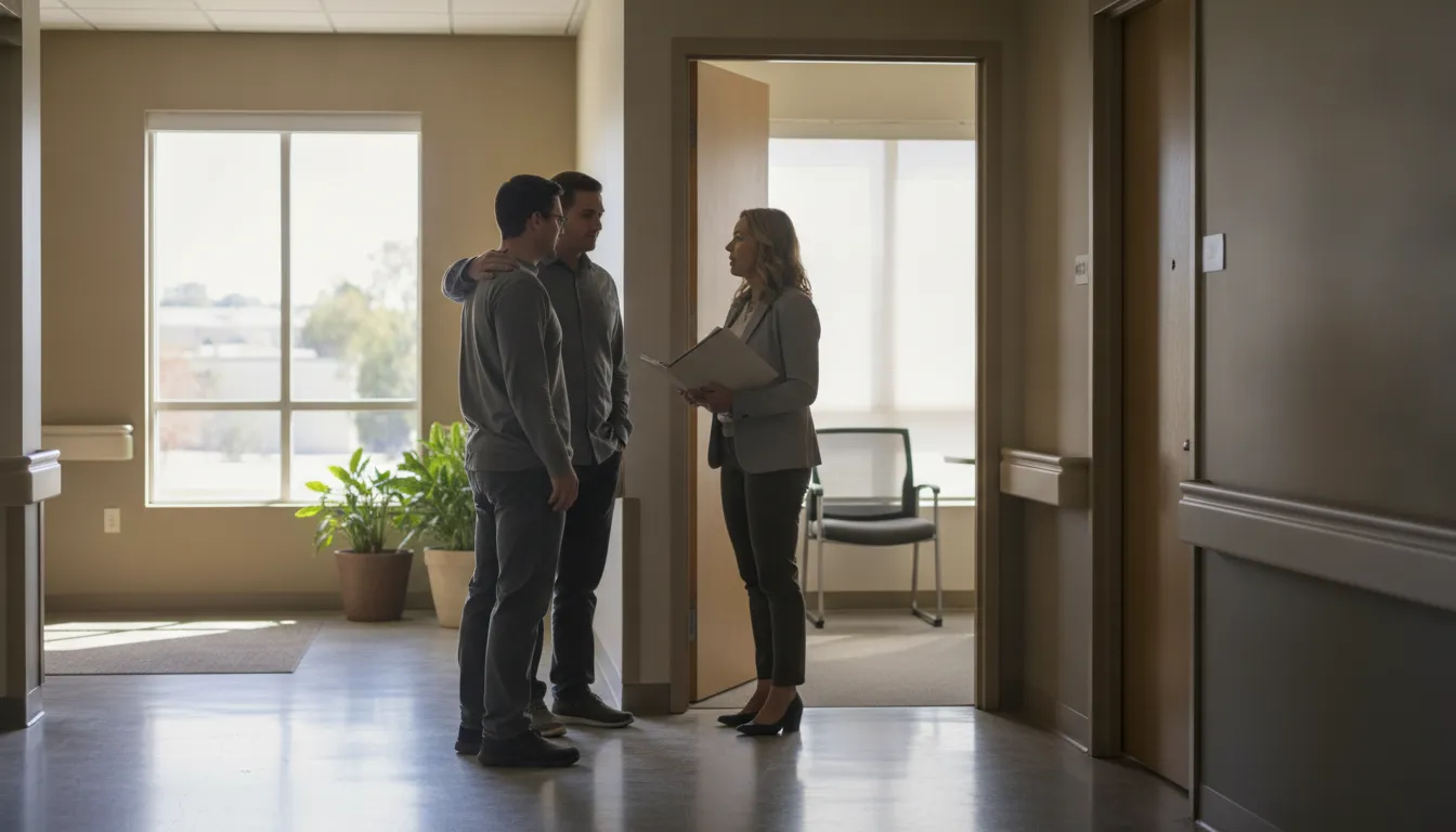 Patient and family member discussing medical care with a healthcare advocate