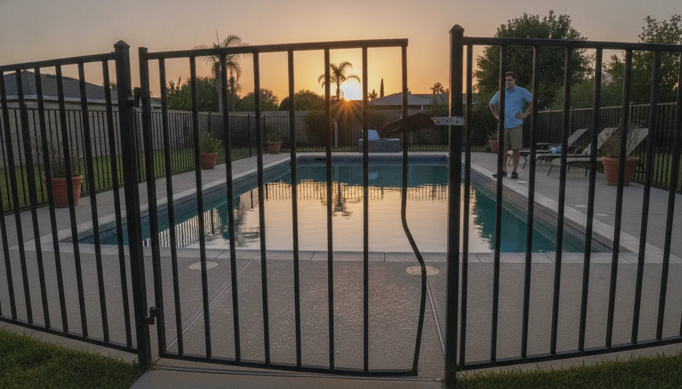 Damaged swimming pool gate relevant to a California pool injury claim