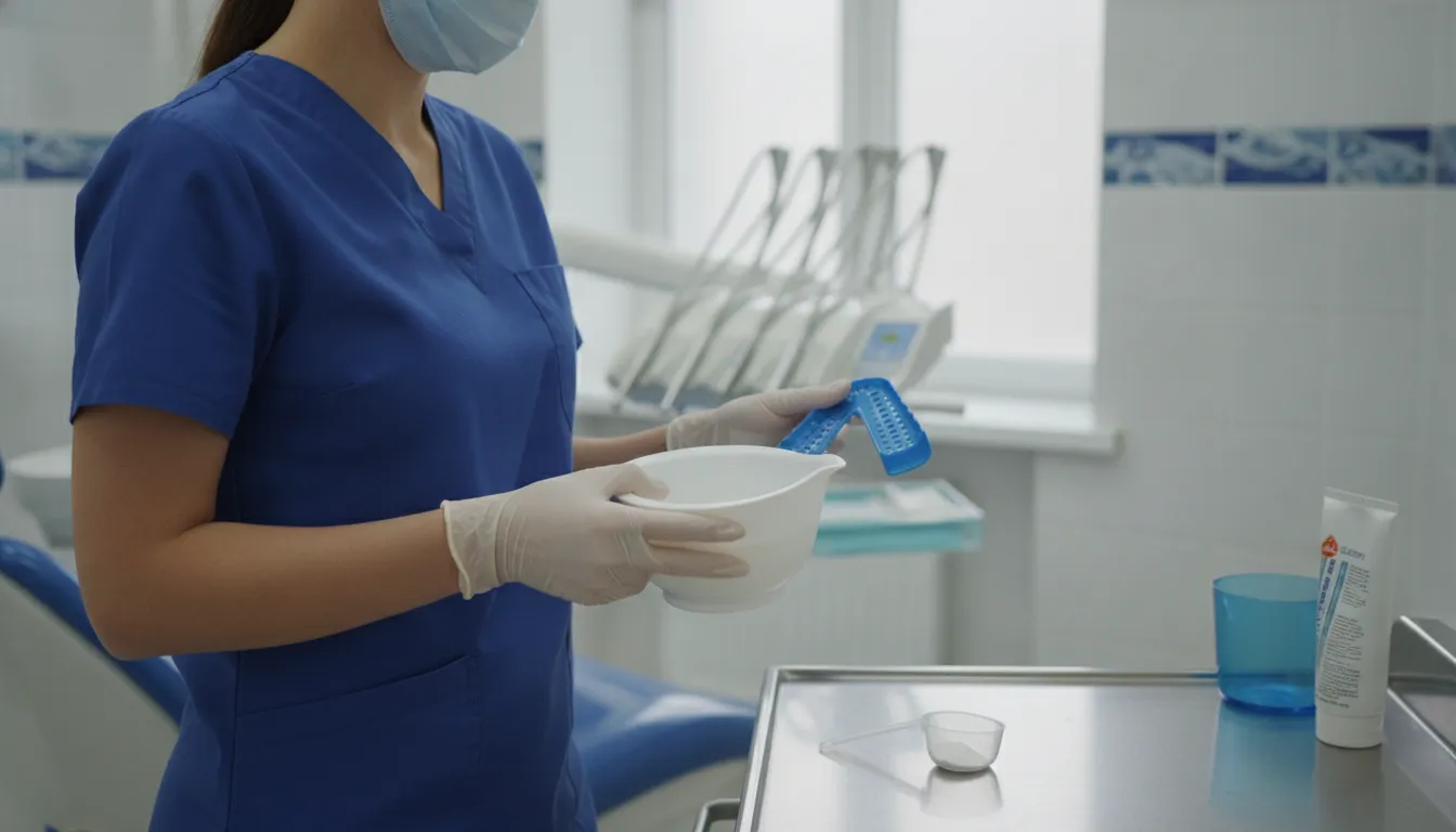 Dental clinician preparing alginate impression material in a mixing bowl