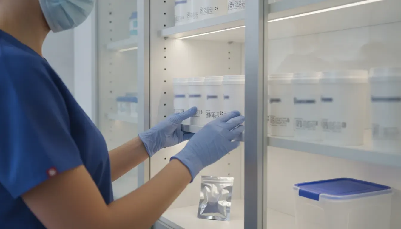 Dental assistant organizing sealed alginate impression material in a dry supply cabinet