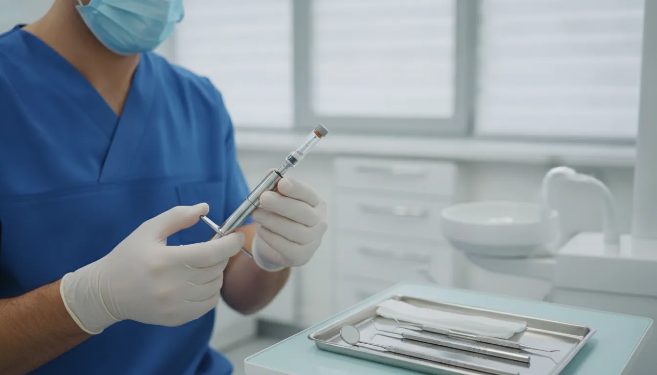 Clinician checking a dental anesthetic syringe before a procedure