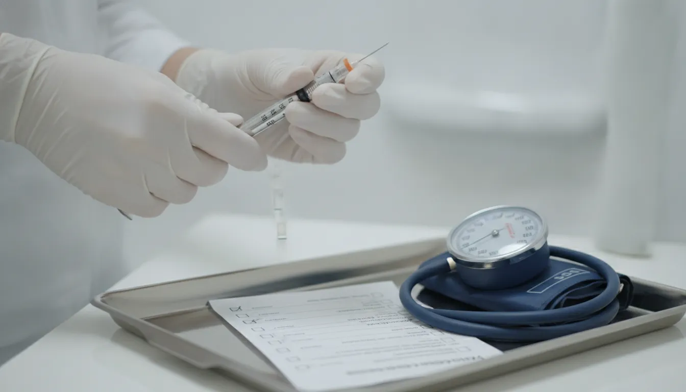 Dental anesthetic syringe and blood pressure cuff used during clinical safety screening