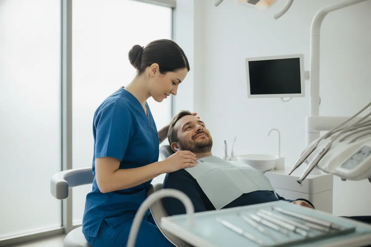 Dental team member checking on a patient's comfort and alertness after treatment