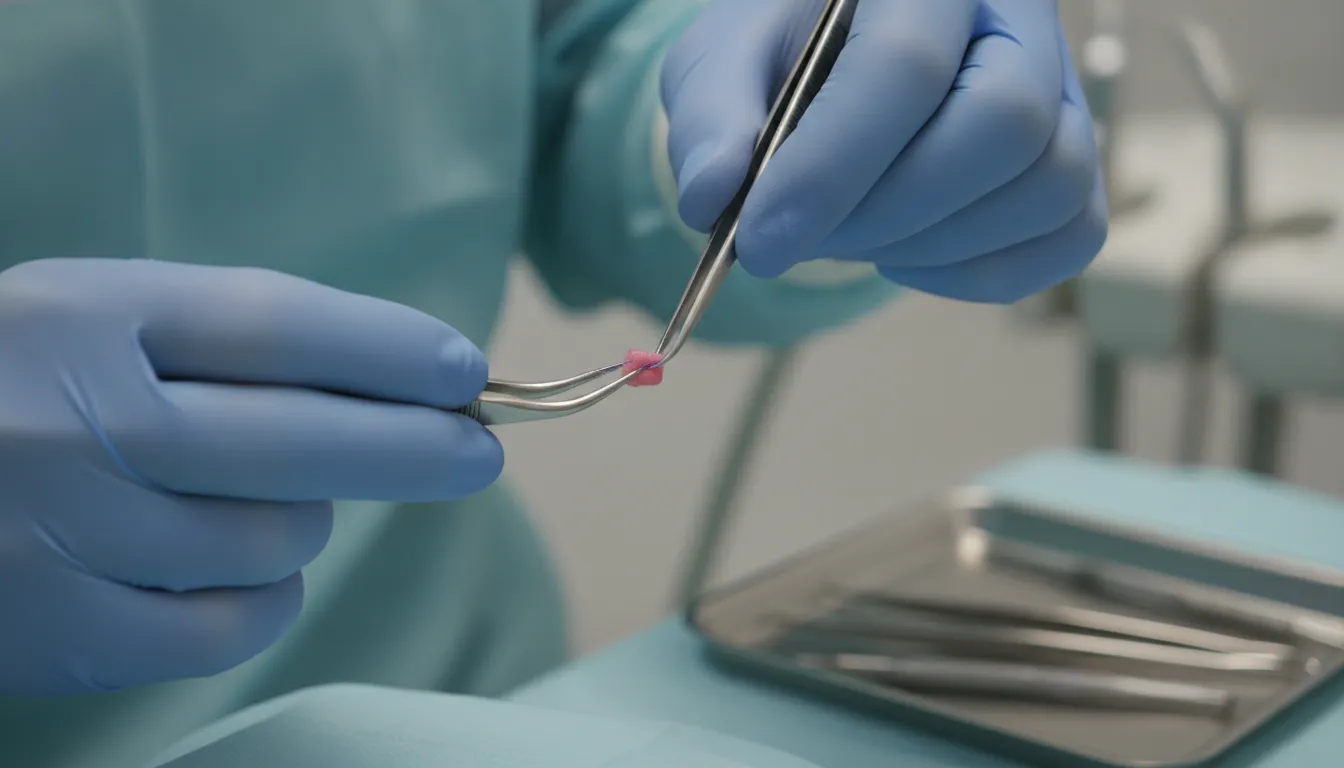 Dental professional evaluating oral-surgery wound closure with absorbable sutures