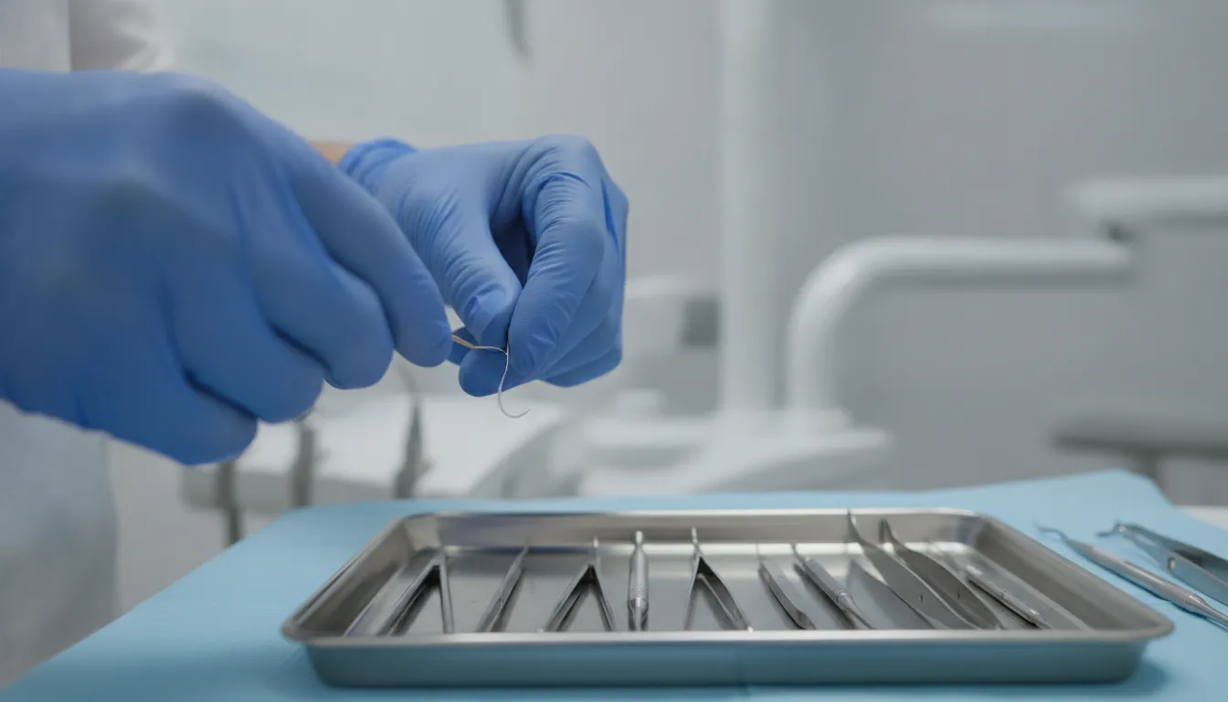 Dental clinician arranging an absorbable suture on a sterile instrument tray