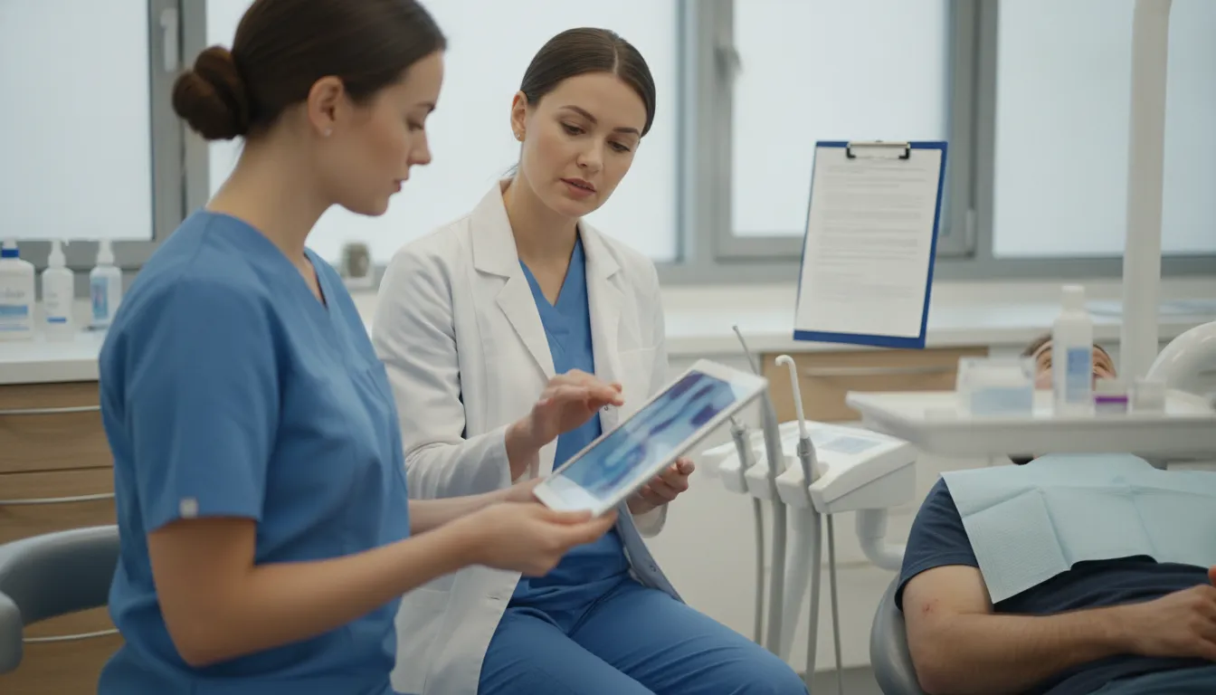 Dental team documenting septocaine dental side effects and local anesthetic reaction monitoring