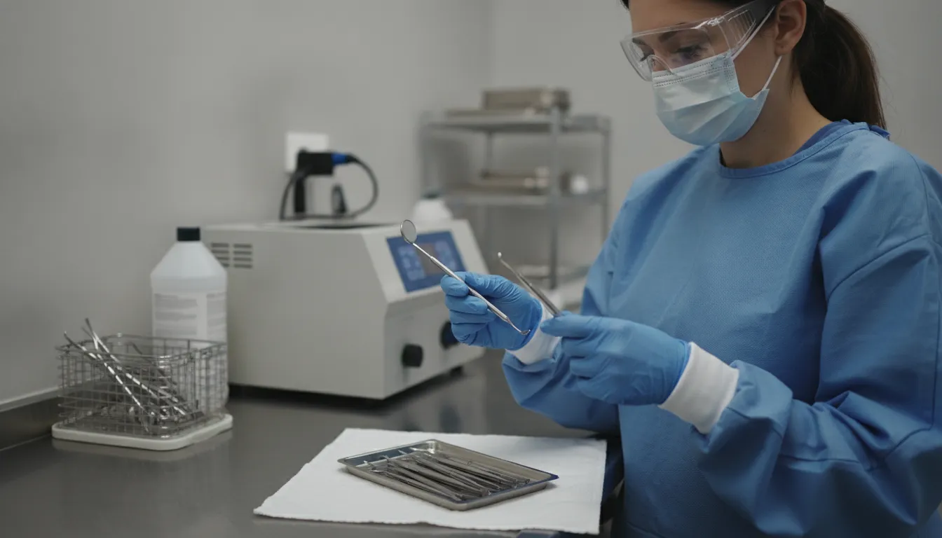 Dental professional inspecting reusable instruments after ultrasonic cleaning
