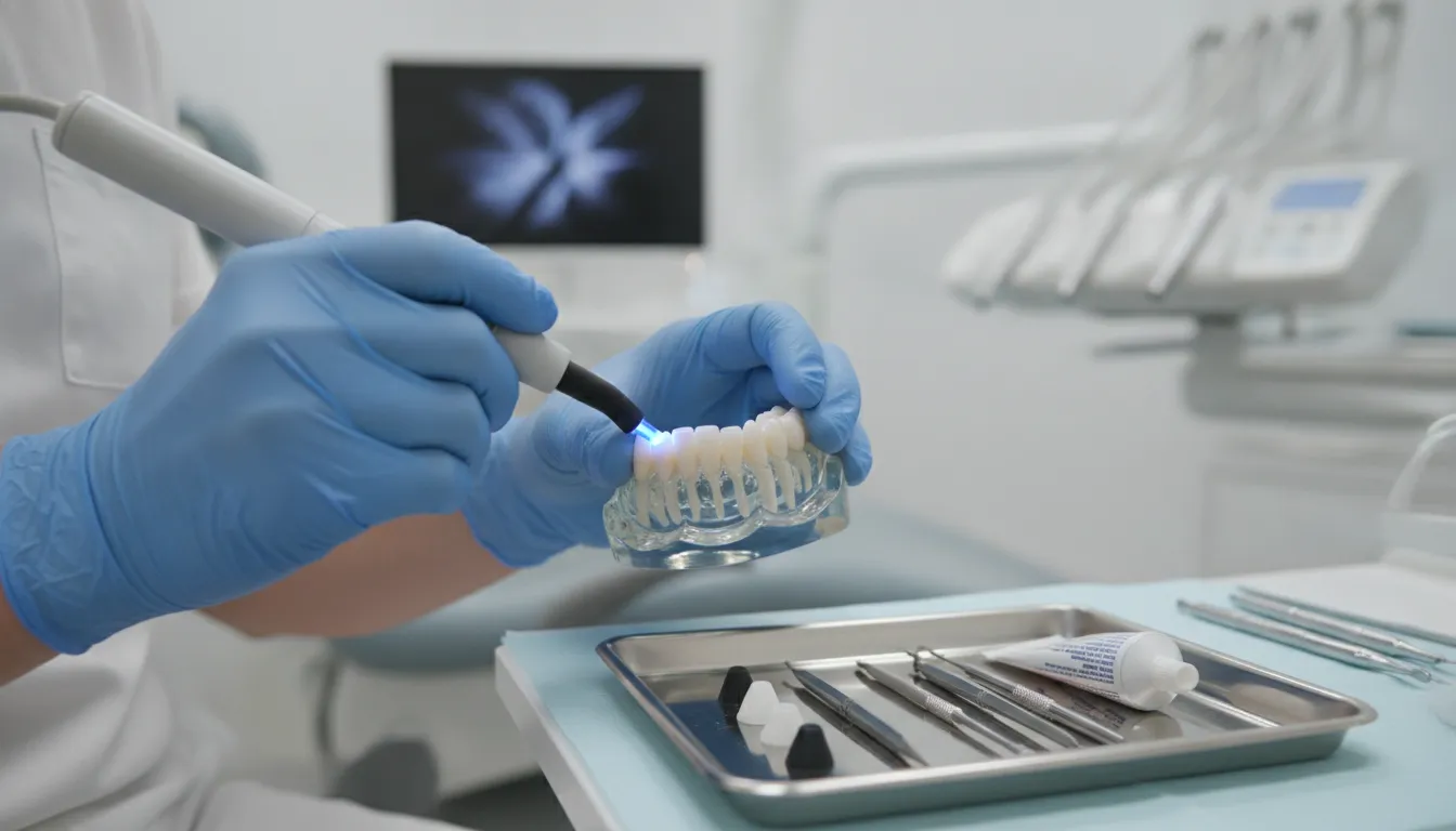 Dental professional inspecting a finished composite restoration