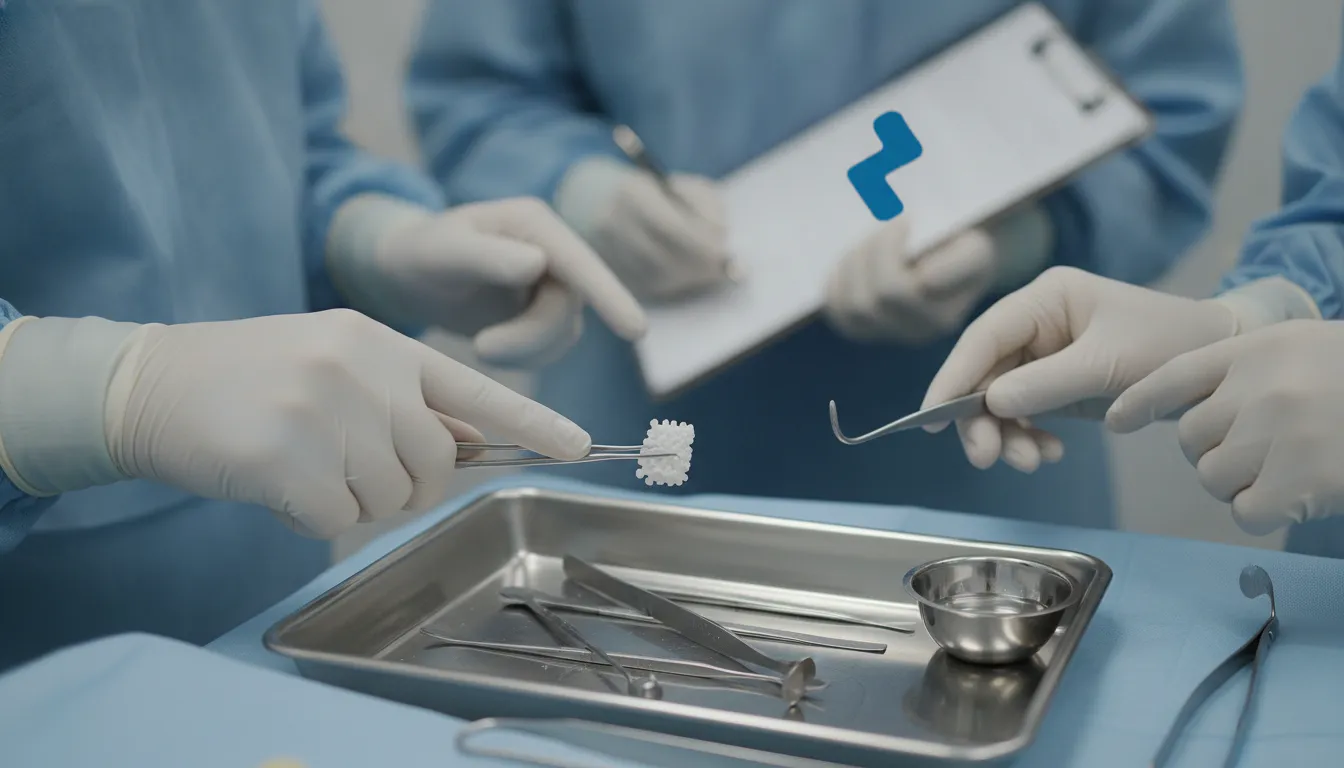 Dental surgical team organizing bone graft material and instruments for an operative workflow