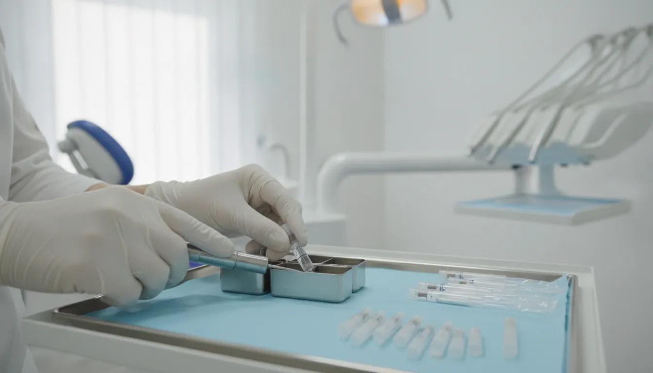 Dental clinician organizing local anesthetic cartridges for a procedure