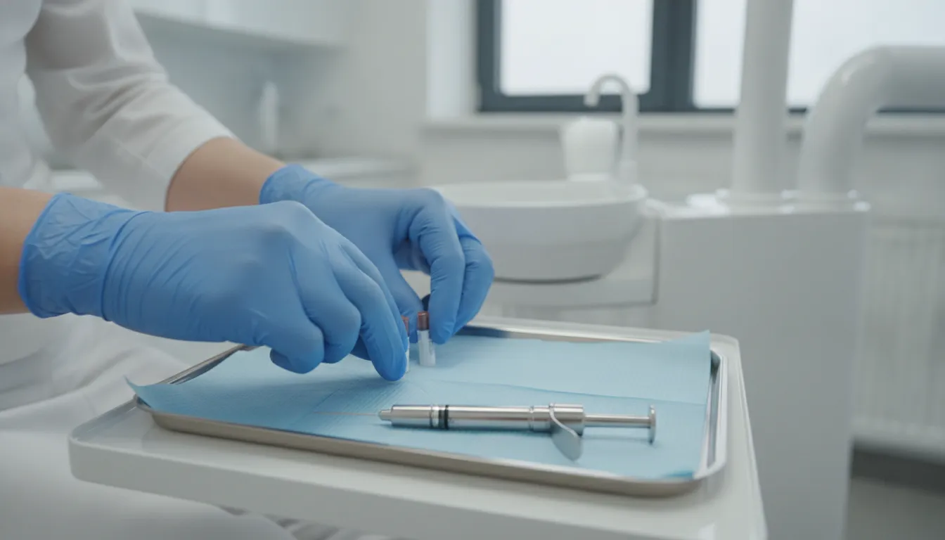 Unmarked dental local anesthetic cartridges arranged on a sterile clinical tray