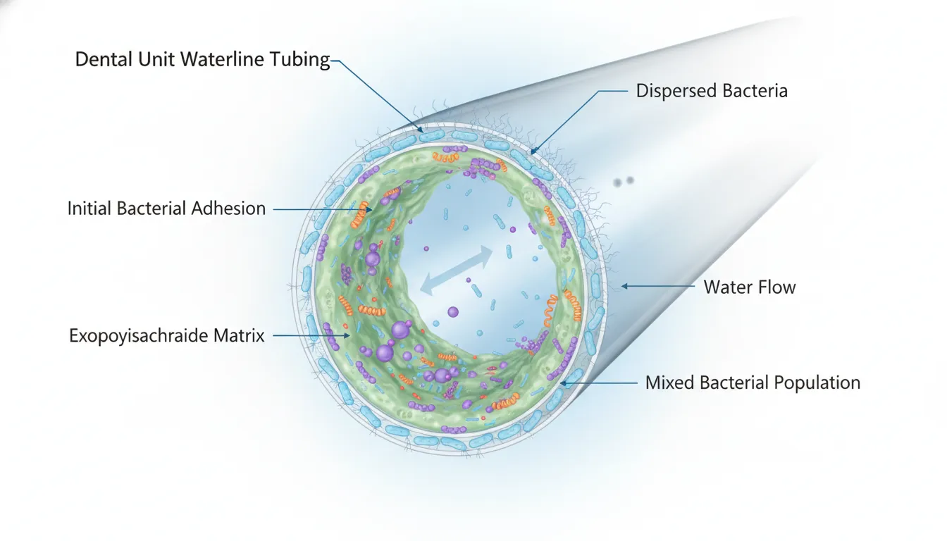 Cross-section diagram showing biofilm layers forming inside narrow dental unit waterline tubing