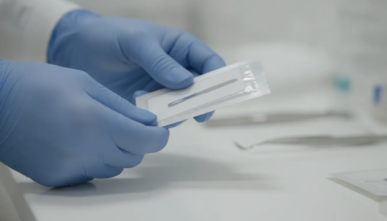 Individually wrapped sterile surgical blade package with its label visible