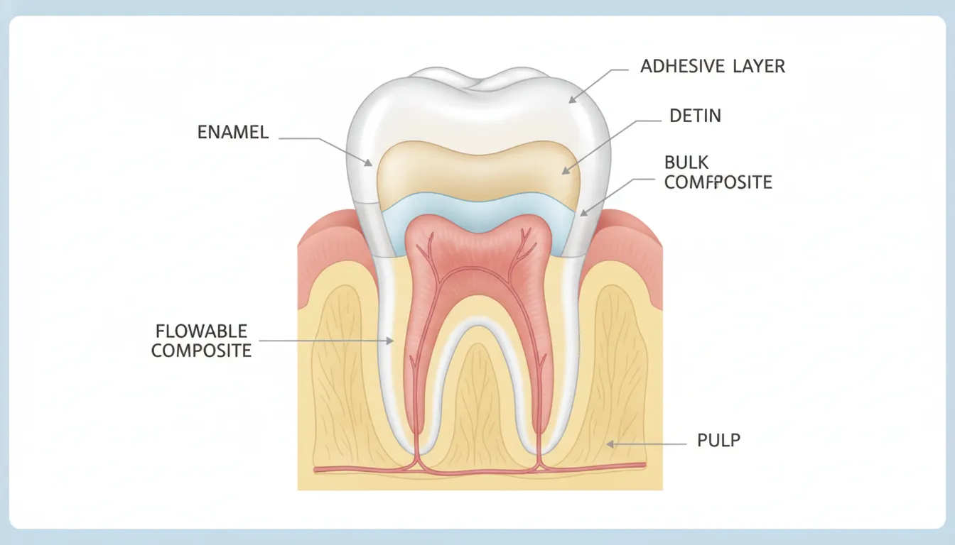Cross-section diagram showing a dental composite resin filling layered within a tooth structure