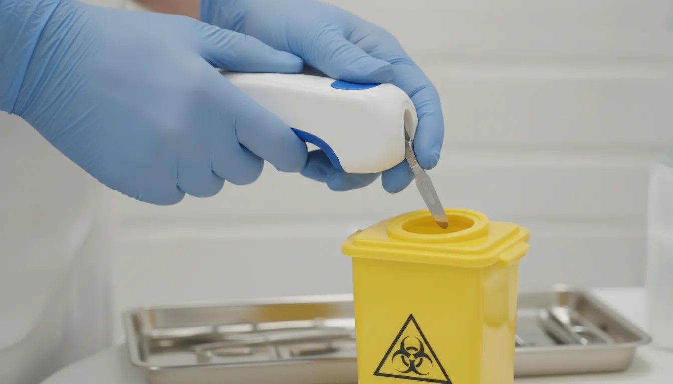Gloved clinician using a blade removal device beside a puncture-resistant sharps container