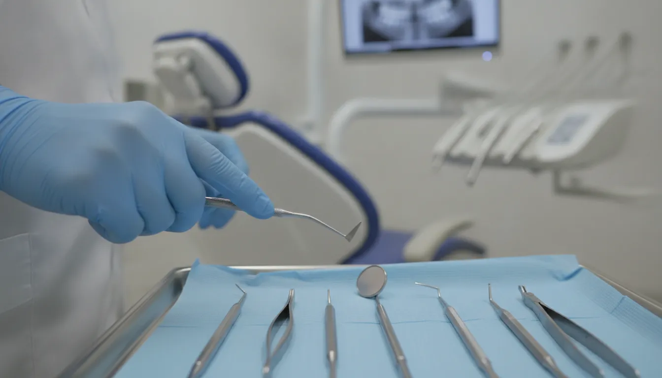 A close-up view of a dental professional's hands selecting a Cryer elevator from a sterilized surgical instrument tray