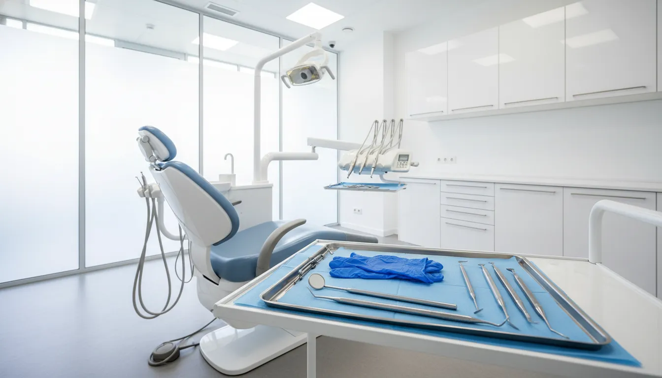 Blue nitrile exam gloves with dental instruments in a clinical operatory