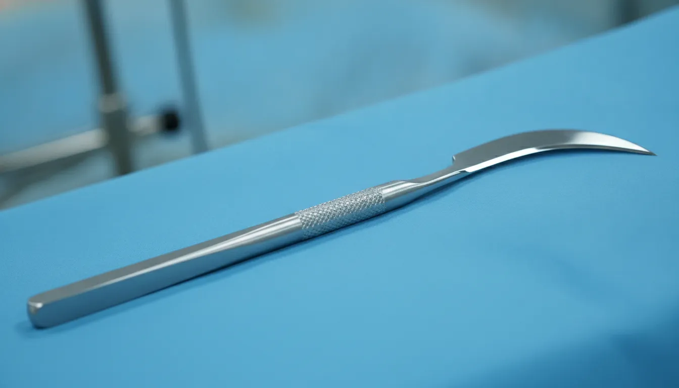 Broad curved surgical blade beside a compatible scalpel handle on a clean clinical drape