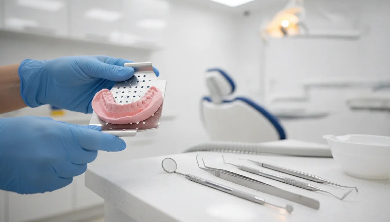 Freshly set pink alginate dental impression in a perforated metal tray on a clinic countertop