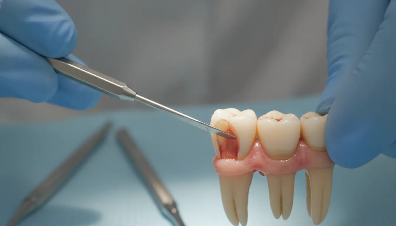 A dental surgeon using a luxator dental elevator to gently loosen a tooth, close-up on the thin blade entering the periodontal ligament space