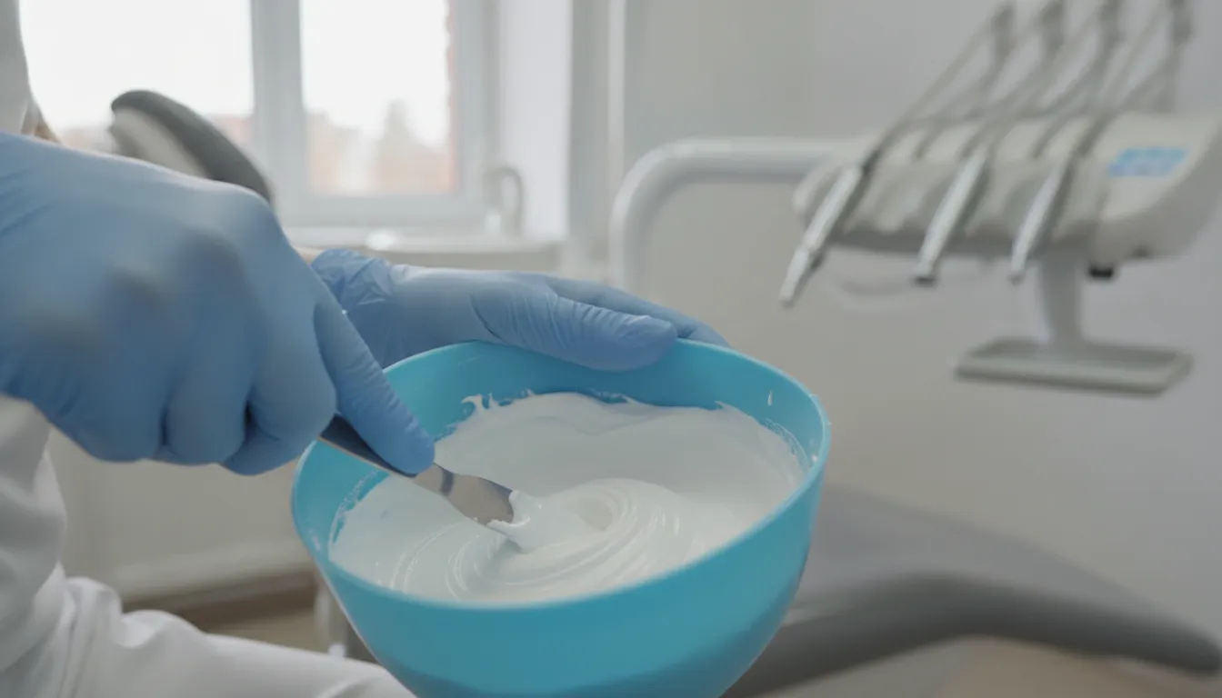 Dental assistant spatulating smooth, creamy alginate impression material in a mixing bowl with a firm spatula