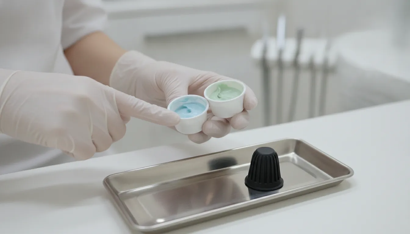 Dental hygienist comparing prophy paste sample cups on a clinical tray