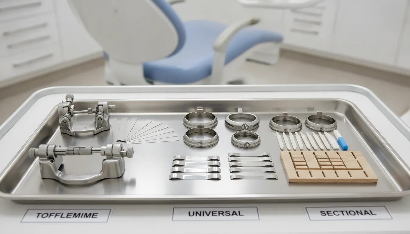 Dental matrix retainer types including Tofflemire, universal, and sectional systems arranged on a clinical tray