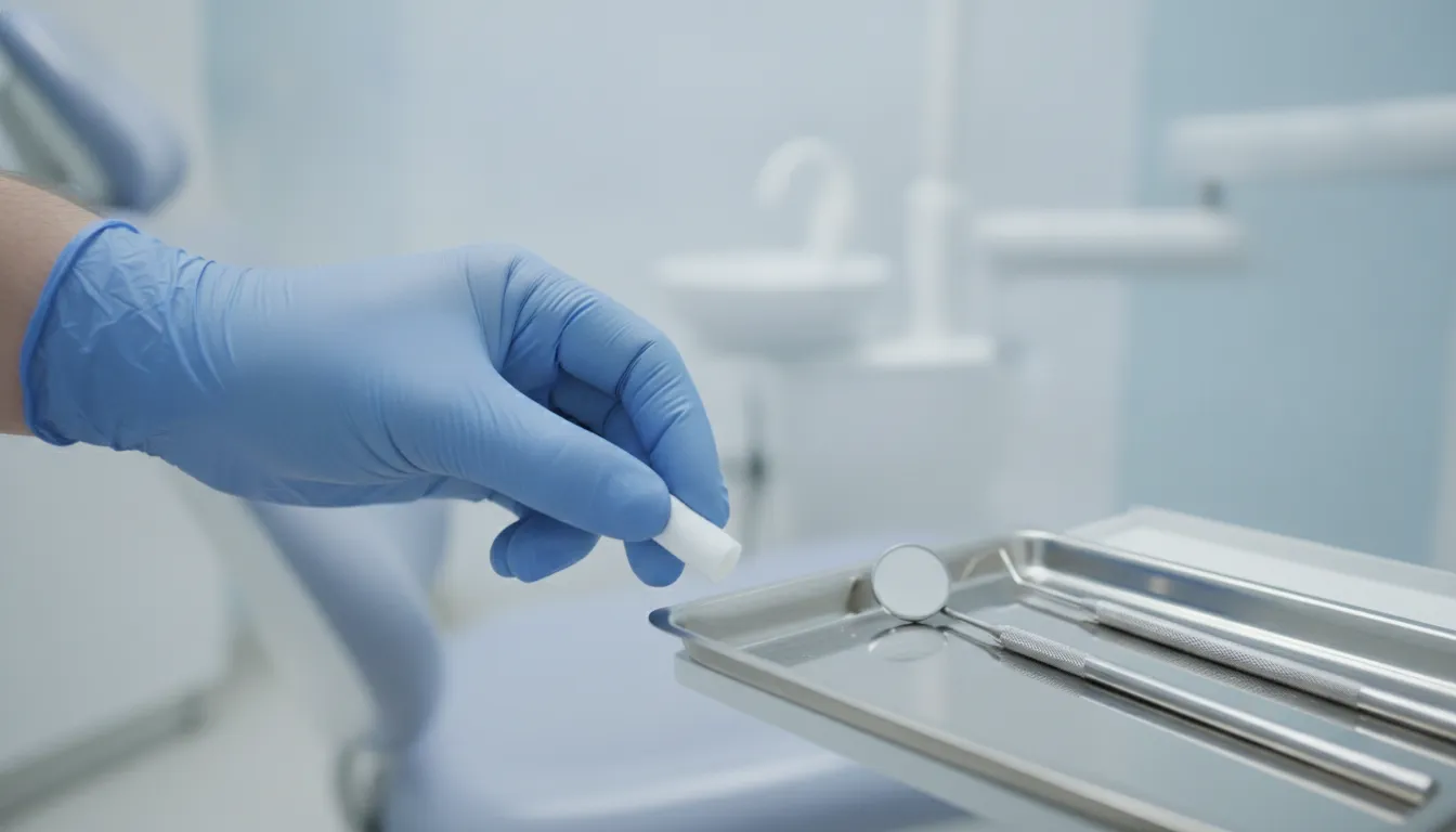 Dental professional placing a cotton roll to manage moisture during an isolation procedure