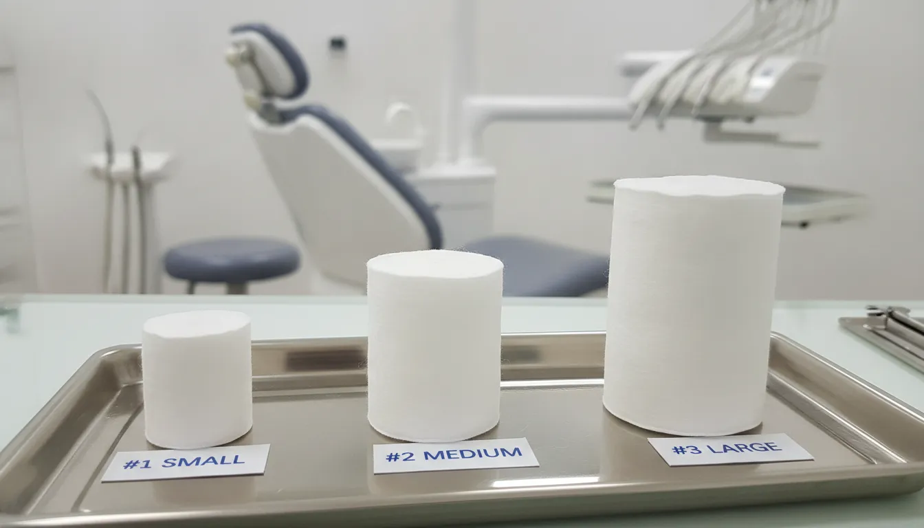 Dental cotton roll size comparison showing dental cotton roll sizes #1 small, #2 medium, and #3 large rolls on a clinical tray