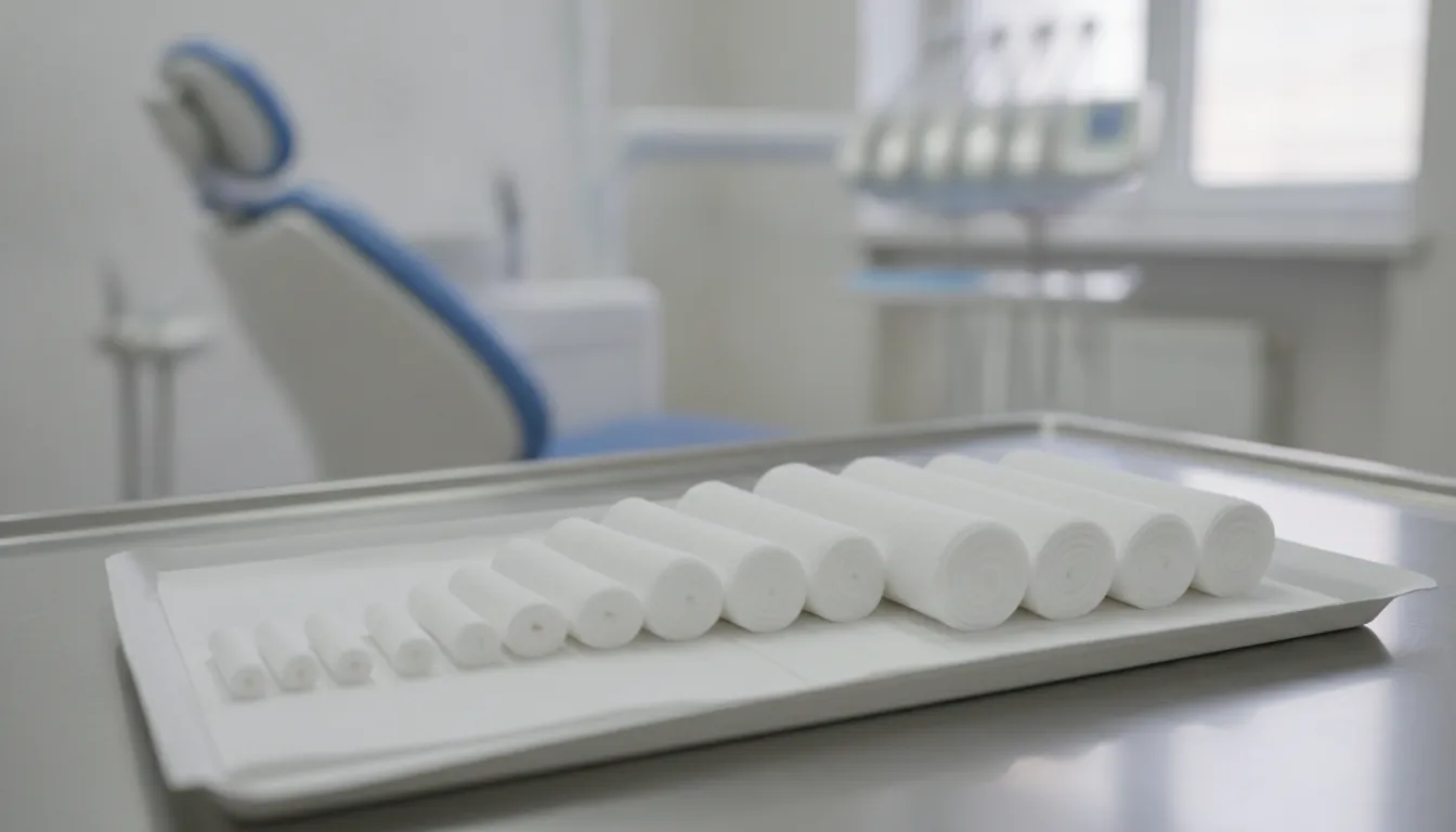 Dental cotton roll sizes: small, medium, and large rolls arranged on a procedure tray