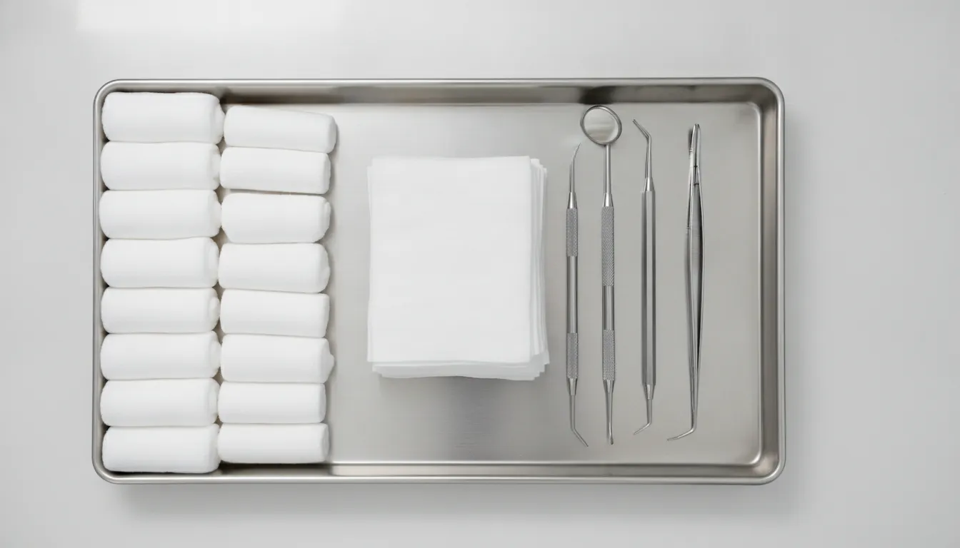 Assorted dental cotton roll sizes arranged by diameter and length on a clinical tray