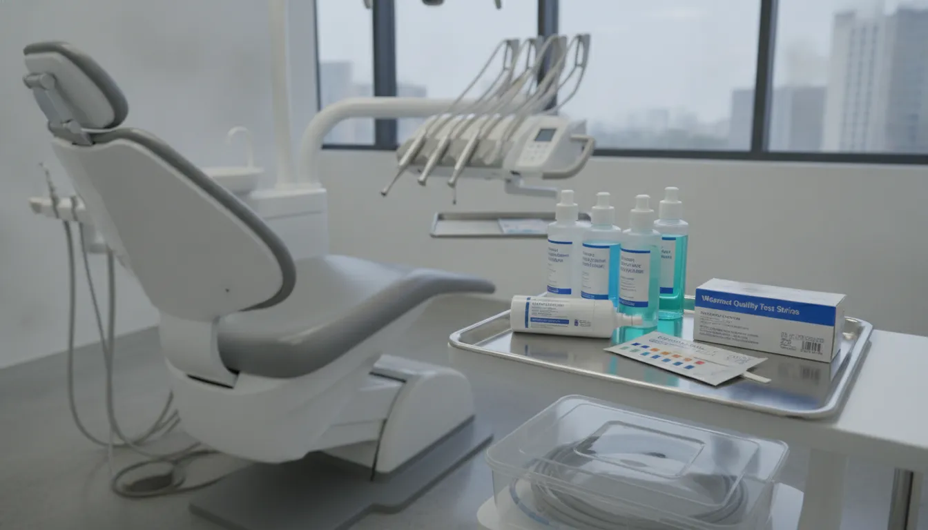 Dental operatory tray with waterline test strips, treatment solution bottles, and filtration cartridge arranged for maintenance