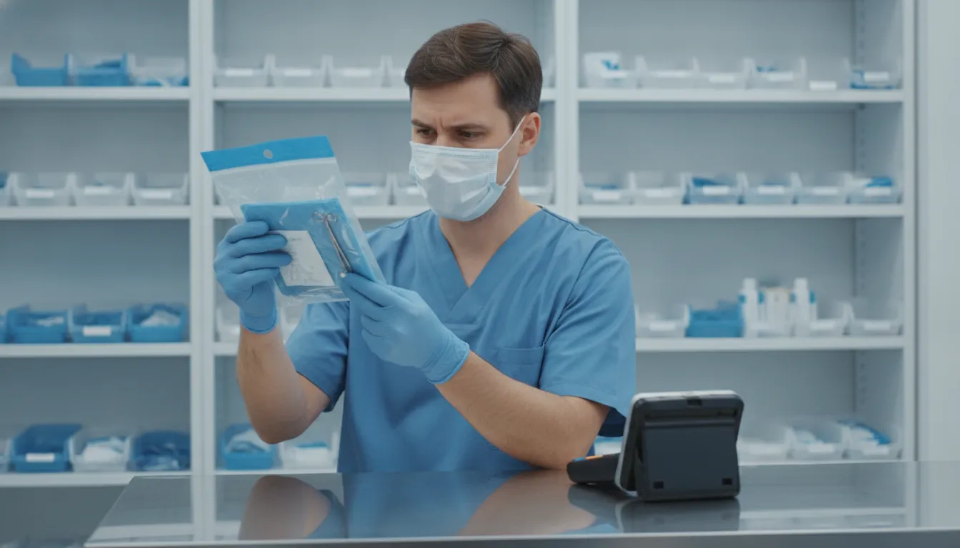 Dental supply professional cross-checking a sealed surgical blade shipment for traceability