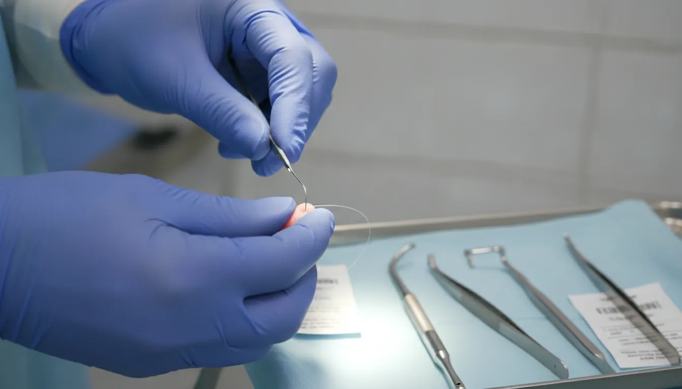 Dental surgeon passing a monofilament suture through soft oral tissue