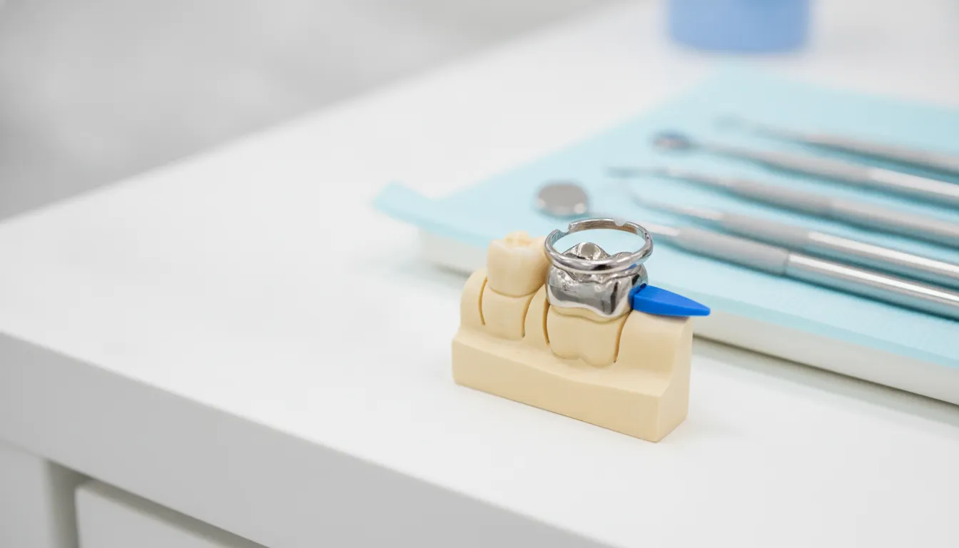 Sectional dental matrix band, wedge, and ring prepared for a Class II restoration