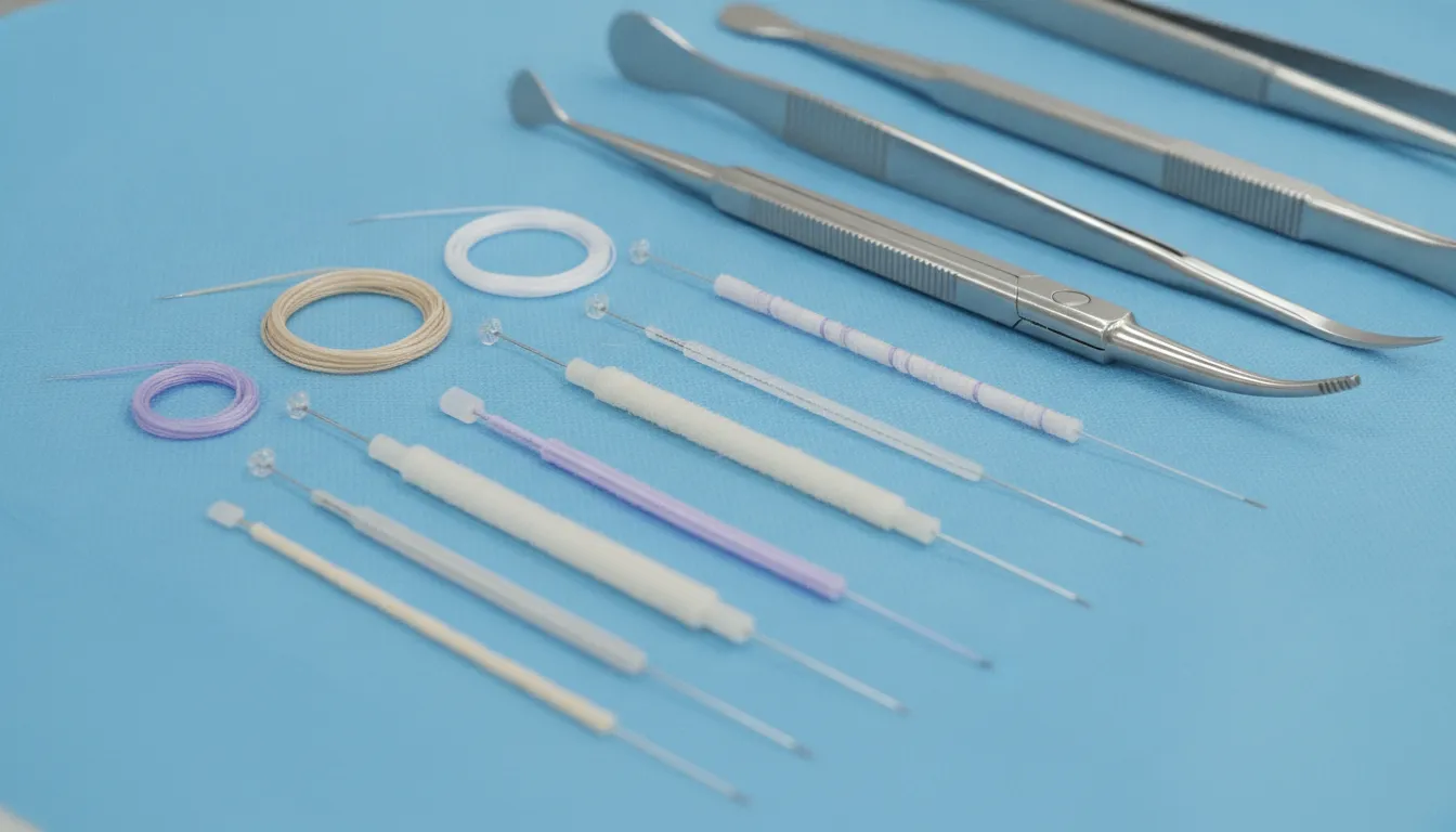 Absorbable dental suture materials arranged with surgical instruments