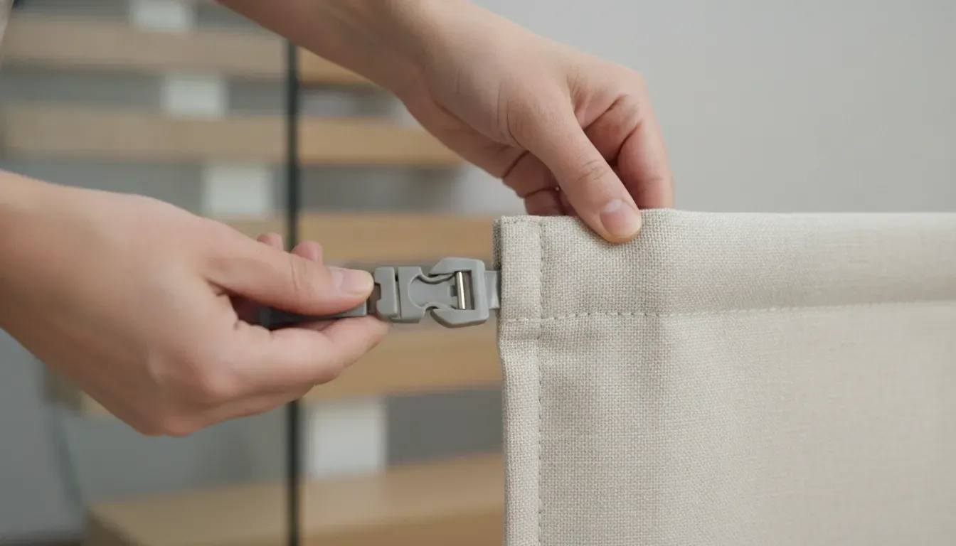 Close-up inspection of a fabric baby gate seam and buckle