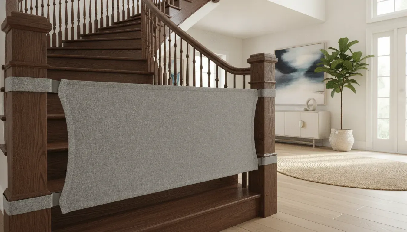 The Stair Barrier Banister-to-Banister fabric safety gate mounted on wooden stairs