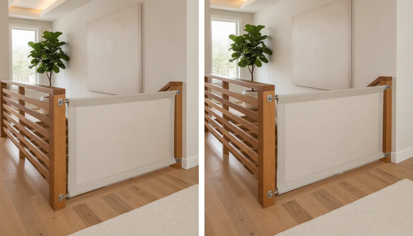 Banister-to-banister and wall-to-banister fabric safety gate layouts