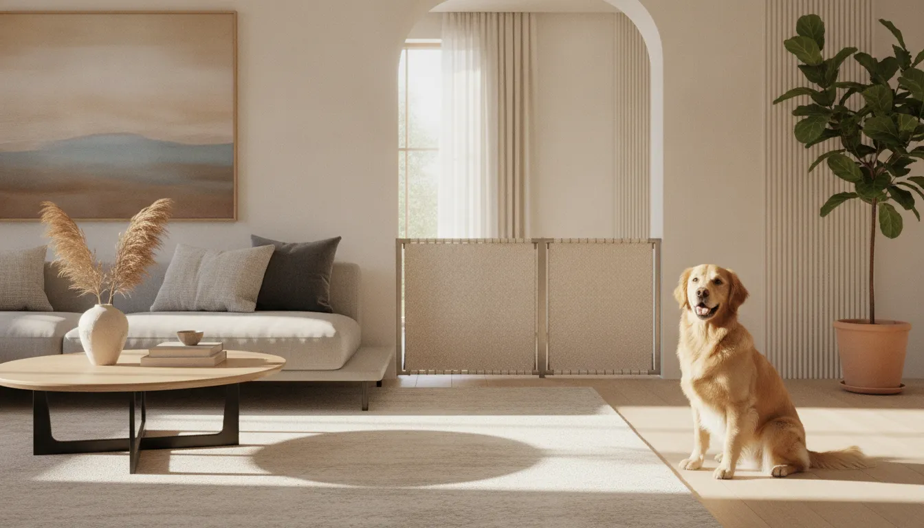 Premium fabric indoor dog gate complementing a bright home interior