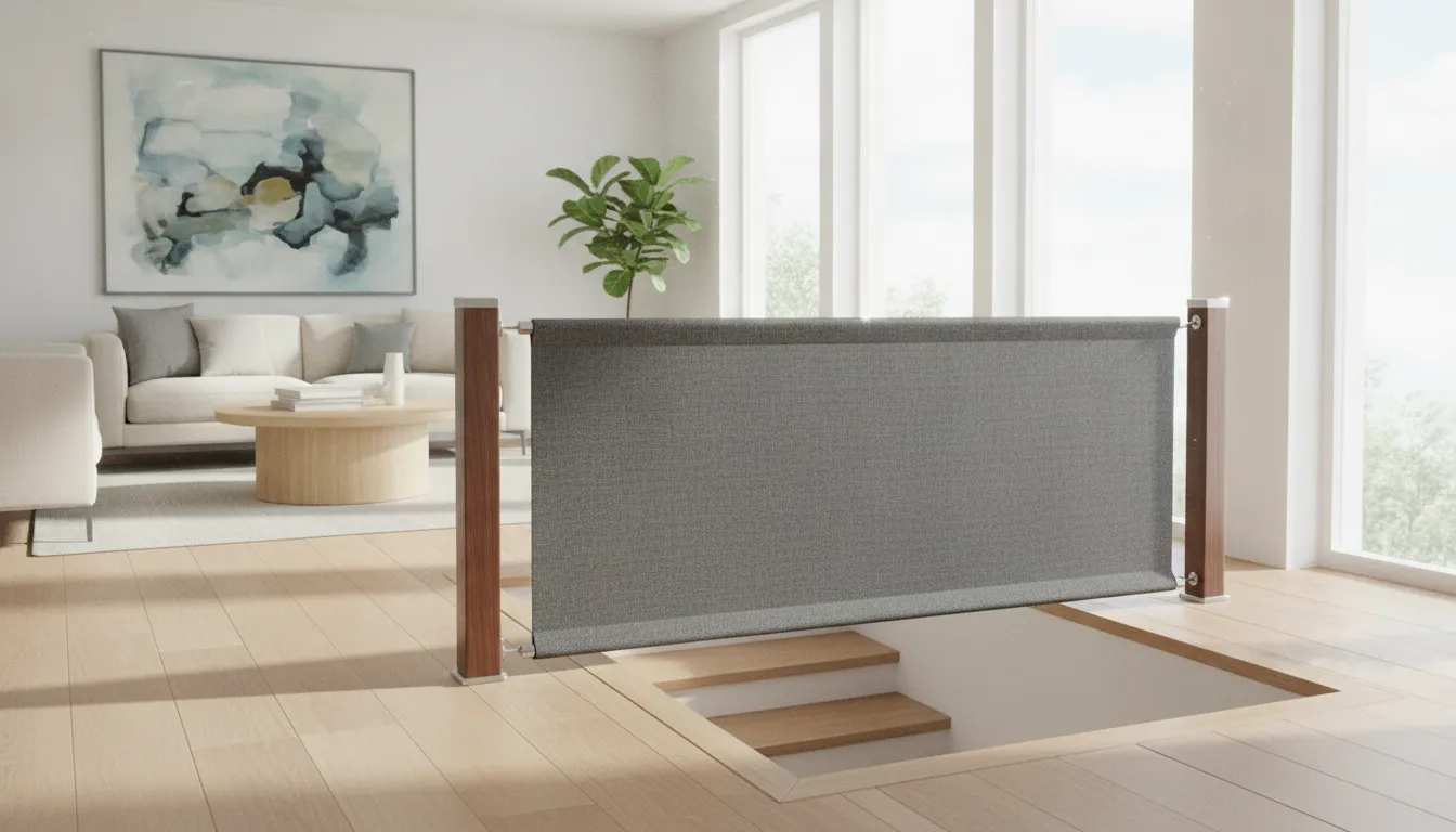 Fabric baby safety gate installed between wooden banisters in a bright modern open concept living room with natural light