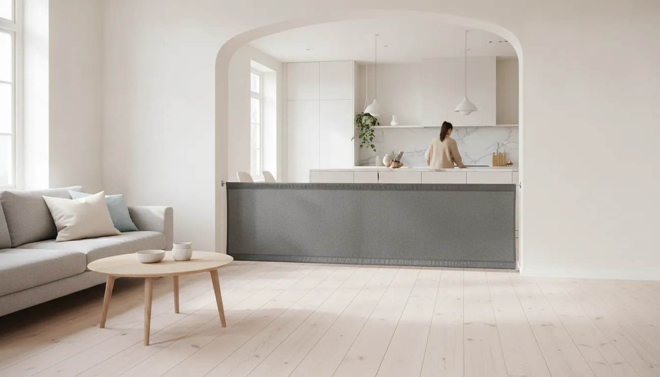 Modern open-concept living room with a premium charcoal fabric safety gate spanning the opening between living area and kitchen