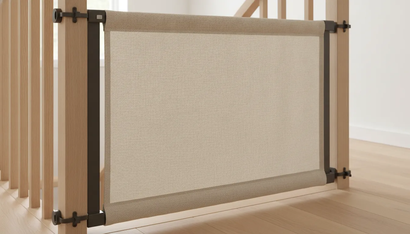 Fabric safety gate mounted banister-to-banister on a staircase in a modern home