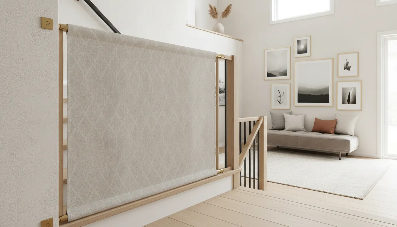 Fabric stair barrier installed wall-to-banister in a split-level entryway with neutral home decor
