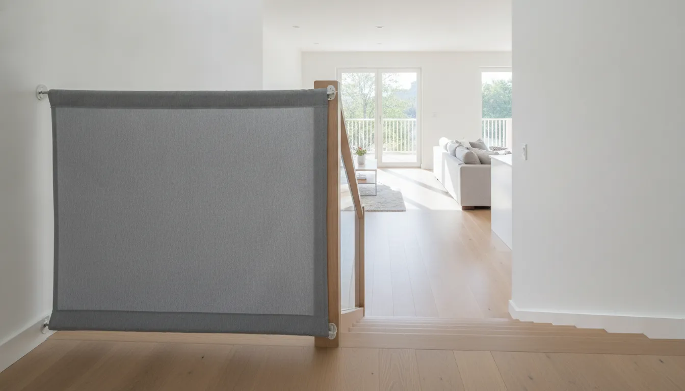 Fabric safety gate installed at the top of an open staircase with banister-to-banister mounting in a bright modern home