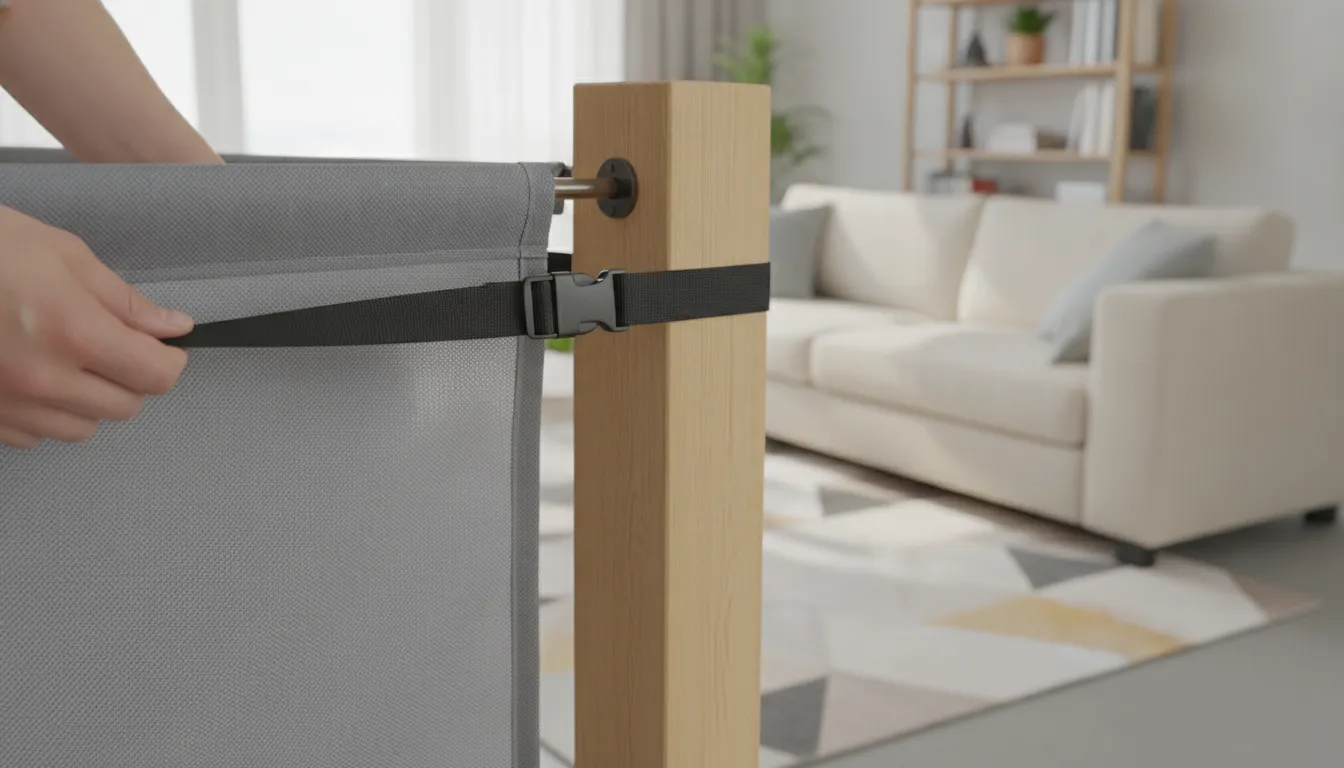 Hands installing a fabric baby gate on a wooden banister post with black straps and buckles, no-drill mounting system